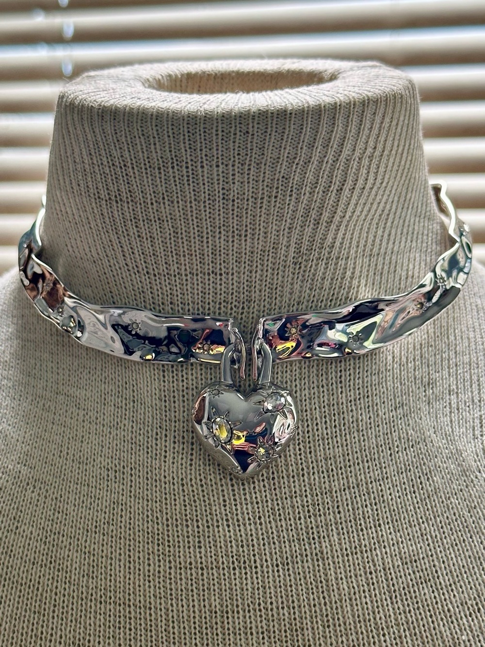 New Alexis Bittar Silver Starburst Crystal Puffy Heart Collar Necklace